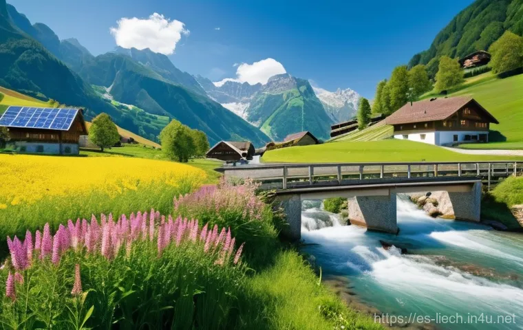 리히텐슈타인의 환경 정책 - **Prompt:** A serene, panoramic view of a lush green alpine valley in Liechtenstein, bathed in warm ...