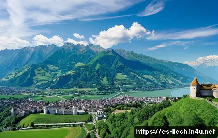 리히텐슈타인의 유적지 탐방 - **Prompt:** A majestic and imposing view of Vaduz Castle, perched high on a lush green hillside, ove...